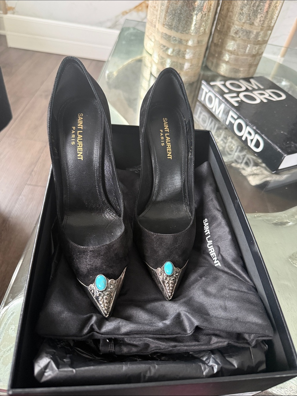 Saint Laurent Black Cashmere Pointed Toe Pump with Turquoise Accent Stone - Picture 12 of 12
